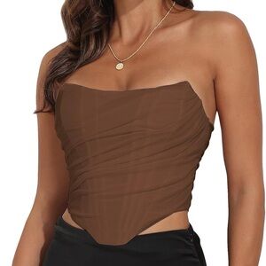 Strapless Open Back Boned Mesh Bustier Zip Back Corset- Chocolate Brown